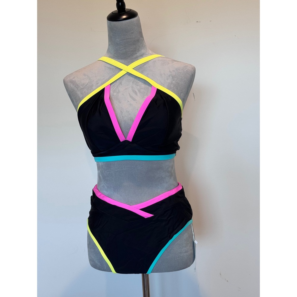 POPVIL Women Neon Colorblock Bikini Set Black High Waisted Halter Two Piece NEW